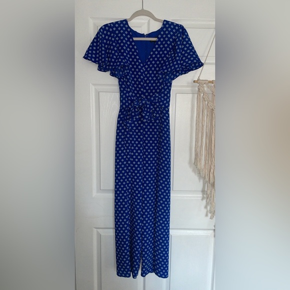 Tahari ASL Flutter Sleeve Blue Print Jumpsuit - Picture 2 of 10
